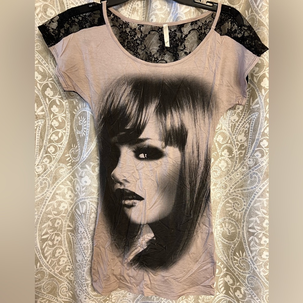 Small Mini Tee Dress w/Lace Design on top part of dress